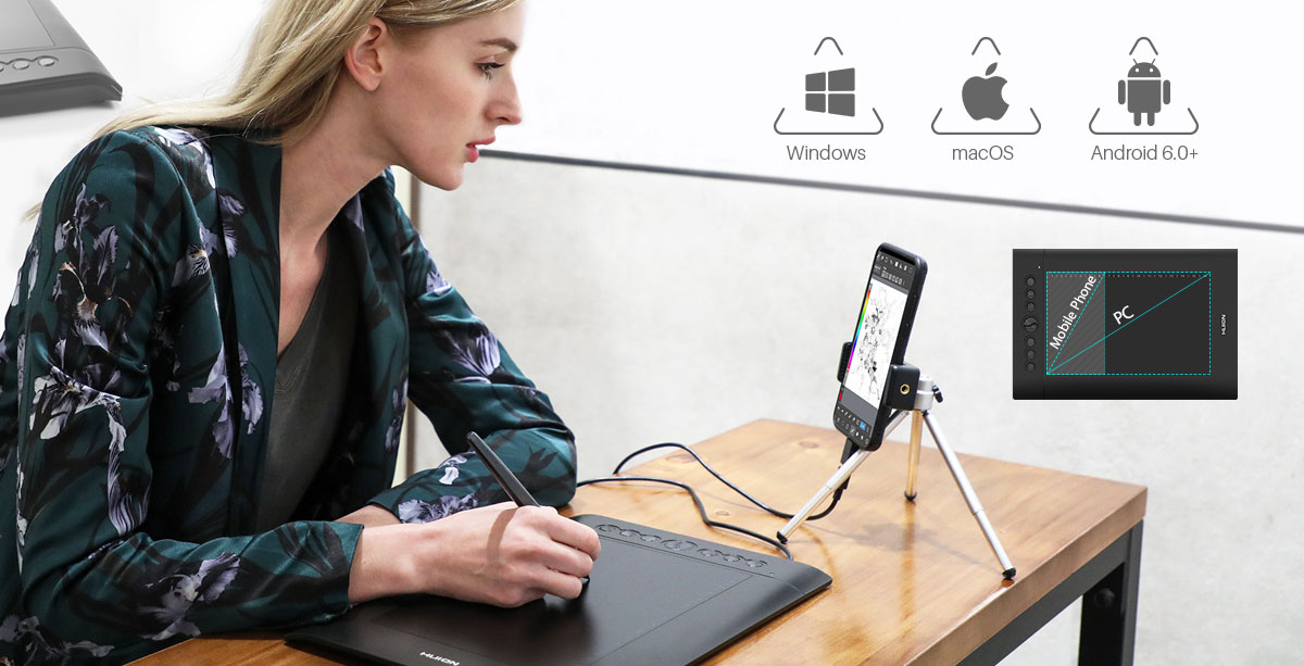 A women drawing on the graphics tablet connected to a phone, with the phone held by a tripod. Next to the phone is a small illustration showing different drawing area when connected to a PC and a phone